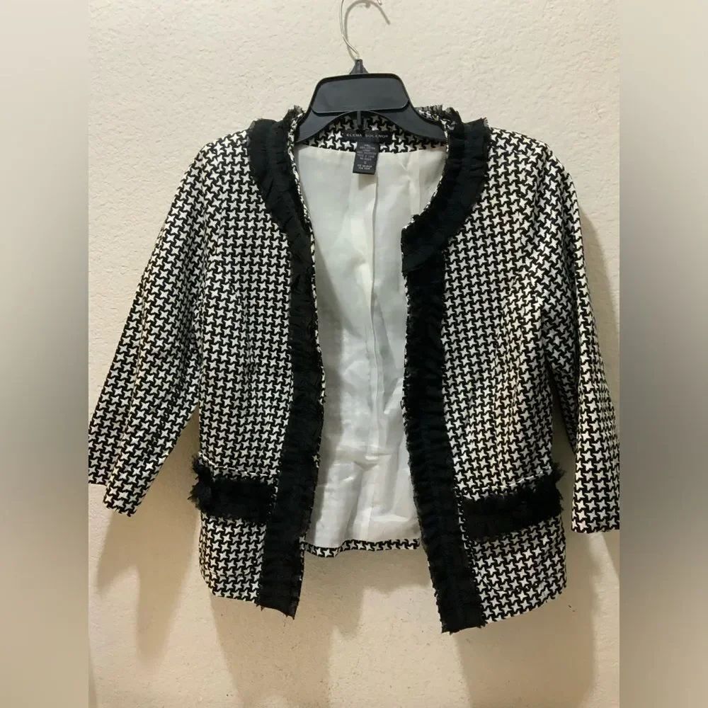 Elena Solano Black & White, Ruffle Accent 3/4 Sleeve Lined Jacket Size S T1